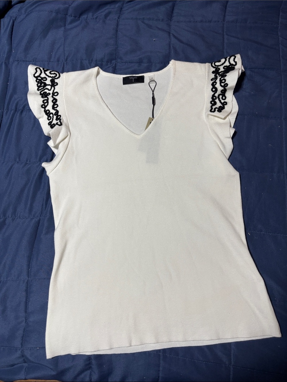 Tahari White V-Neck Flutter Sleeve Top with Black Embroidery